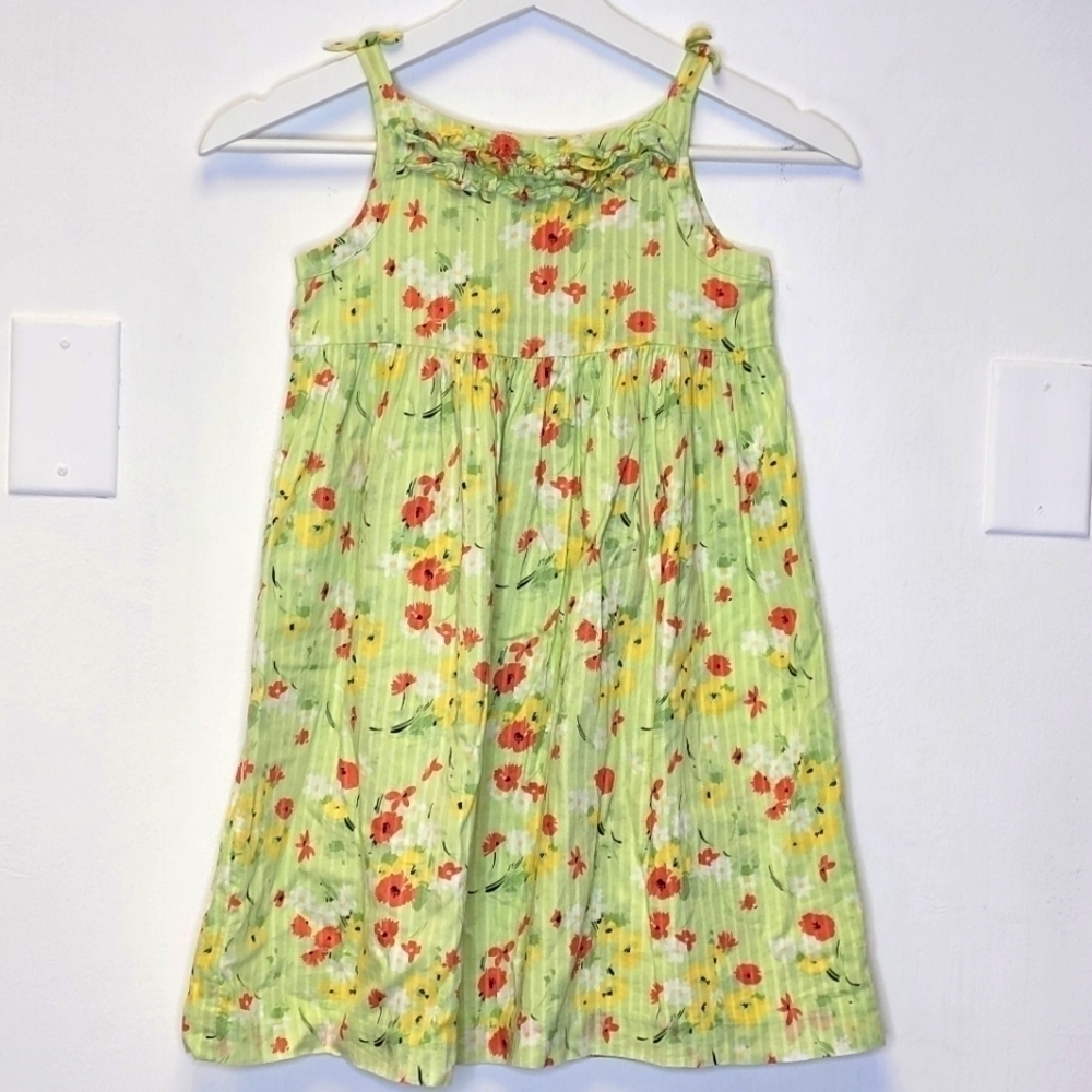 Janie And Jack Lime Green Pastel Floral With Ruffles & Bows Details Dress Size 6